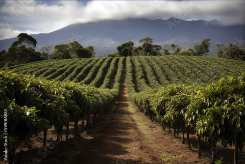 Image Of Coffee Farm With Rows Of Coffee Plants In The Foreground And Mountain Range In The Background. Generative AI photo