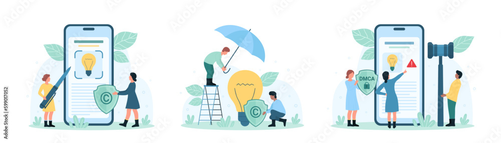 Intellectual property protection set vector illustration. Cartoon tiny people holding judges gavel, umbrella and DMCA shield to protect rights of authors for digital content and brand identity Intellectual property protection set vector illustration. Cartoon tiny people holding judges gavel, umbrella and DMCA shield to protect rights of authors for digital content and brand identity