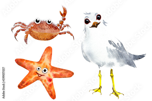 Watercolor illustration of a cartoon seagull, crab and starfish. A seagull , a crab and a star on the beach,drawing