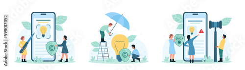 Intellectual property protection set vector illustration. Cartoon tiny people holding judges gavel, umbrella and DMCA shield to protect rights of authors for digital content and brand identity