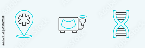 Set line DNA symbol, Location hospital and Ultrasound icon. Vector