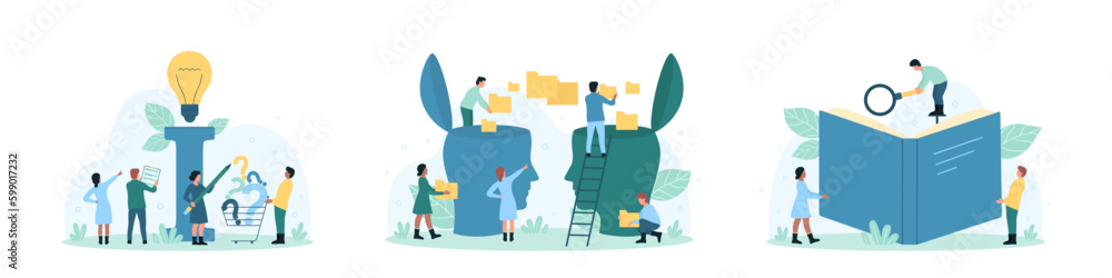 Knowledge, search and exchange of information set vector illustration. Cartoon tiny people transfer data files between human heads, study book with magnifying glass, look for answers to questions Knowledge, search and exchange of information set vector illustration. Cartoon tiny people transfer data files between human heads, study book with magnifying glass, look for answers to questions