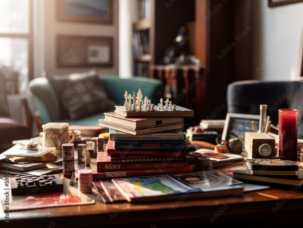A stack of board games on a coffee table A stack of board games on a coffee table