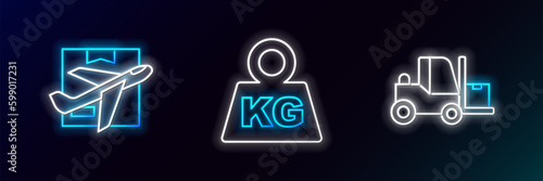 Set line Forklift truck, Plane and cardboard box and Weight icon. Glowing neon. Vector