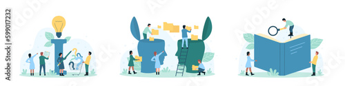 Knowledge, search and exchange of information set vector illustration. Cartoon tiny people transfer data files between human heads, study book with magnifying glass, look for answers to questions