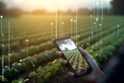 Smart farming digital technology, agriculture app at farm. Generative Ai