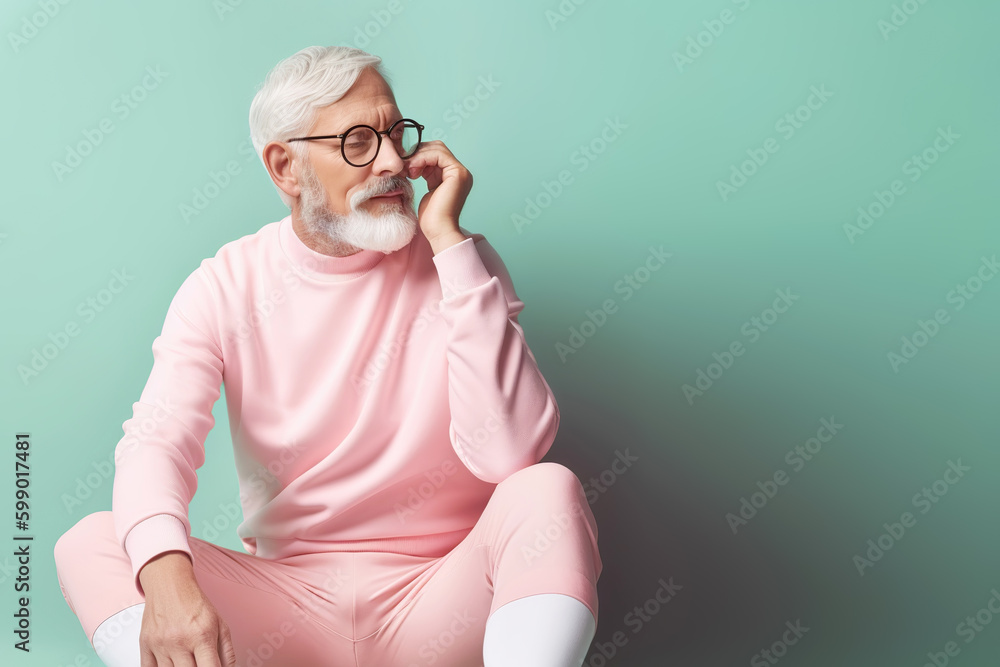 Gray-haired bearded man wears pink tracksuit on green background. Active lifestyle concept. Generative AI illustration Gray-haired bearded man wears pink tracksuit on green background. Active lifestyle concept. Generative AI illustration