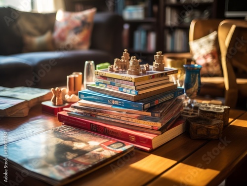 A stack of board games on a coffee table