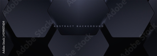 Black 3D vector hexagonal technology wide abstract background. Abstract modern technology futuristic background with black 3D honeycomb shapes. Vector illustration Generative AI