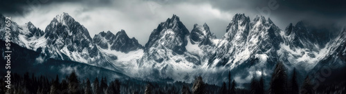 Snowcapped Mountains Light Picture. Panoramic Banner. Generative AI © Anastasiia