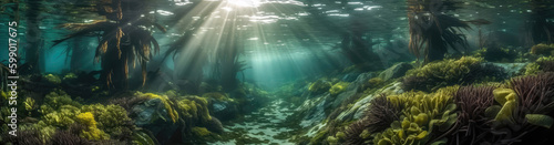 Serene Kelp Forest With Rays Of Sunlight Shining Through. Seamless Background. Generative AI