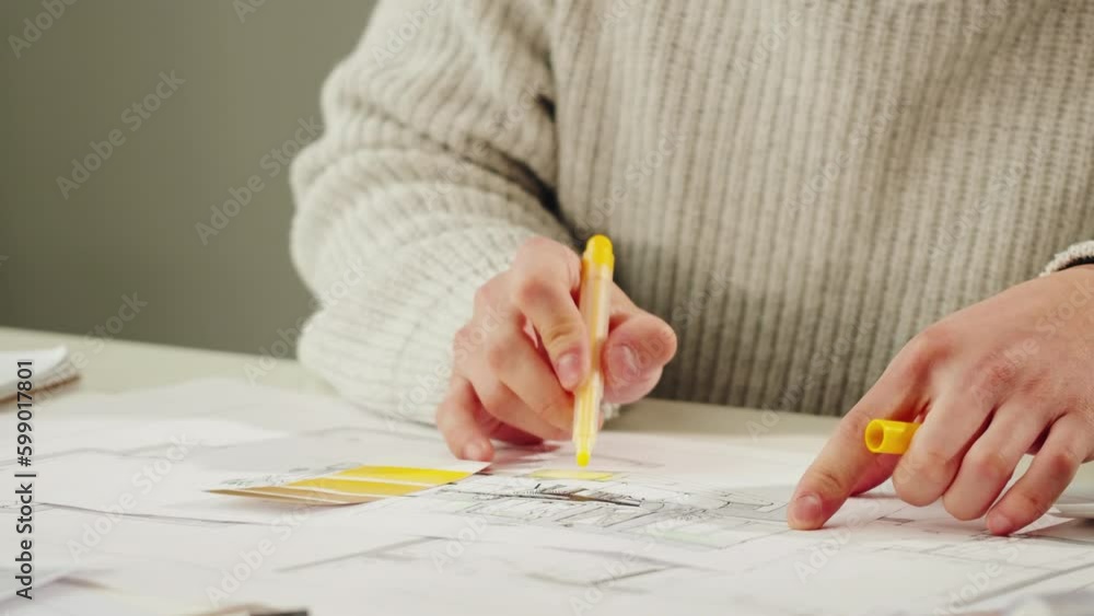 Architect designer workplace close-up. Professional engineer choosing yellow color palette, interior creator working with house project, blueprint plan, drafting building. Generative AI Architect designer workplace close-up. Professional engineer choosing yellow color palette, interior creator working with house project, blueprint plan, drafting building. Generative AI