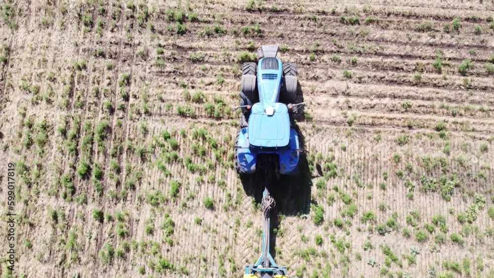 Blue tractor planting canola O.A. on no till field Blue tractor planting canola O.A. on no till field