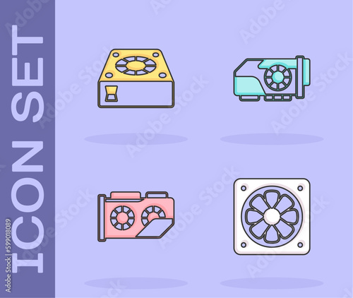 Set Computer cooler, , Video graphic card and icon. Vector