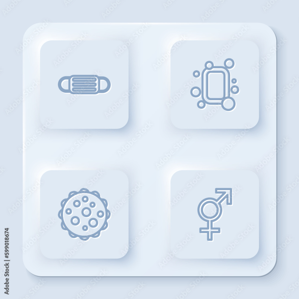 Set line Medical protective mask, Bar of soap, Virus and Gender. White square button. Vector