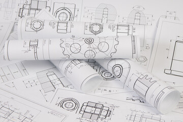 engineering drawings of industrial parts and mechanism