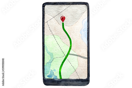 Watercolor illustration of a mobile phone with enabled navigation and a map on a white background