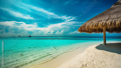 Sandy beach overlooking turquoise ocean. Generative AI illustration