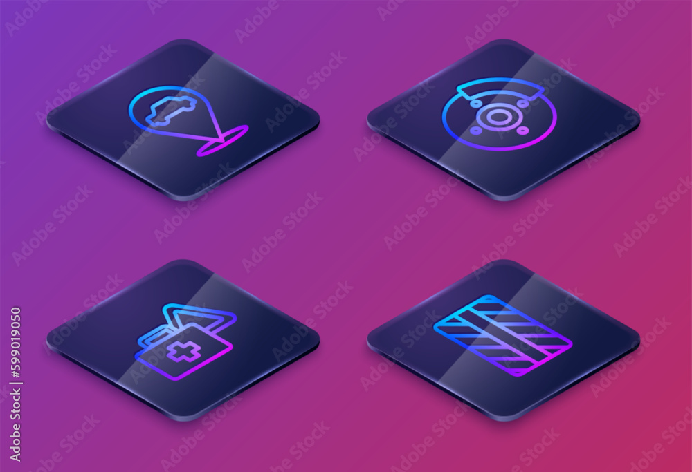 Set Isometric line Location with car service, First aid kit and warning triangle, Car brake disk caliper and tire wheel. Blue square button. Vector Set Isometric line Location with car service, First aid kit and warning triangle, Car brake disk caliper and tire wheel. Blue square button. Vector