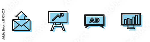 Set line Advertising  Mail and e-mail  Board with graph chart and Monitor icon. Vector