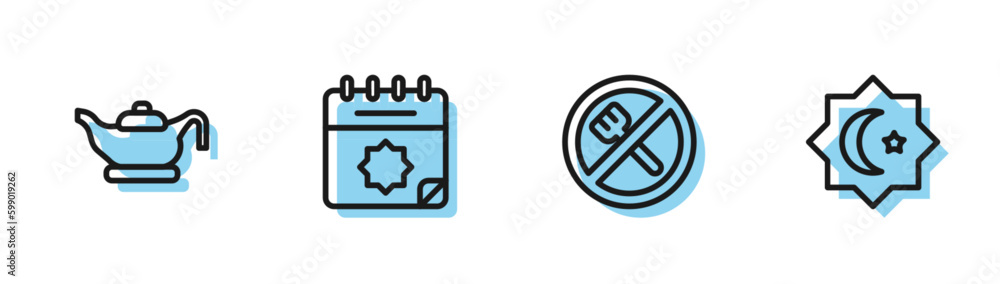 Set line Ramadan fasting, Oil lamp, calendar and Octagonal star icon. Vector Set line Ramadan fasting, Oil lamp, calendar and Octagonal star icon. Vector