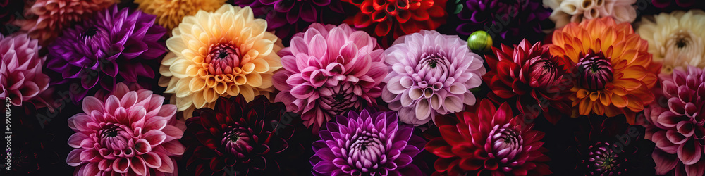 Beautiful Background Of Dahlias. Panoramic Banner. Generative AI Beautiful Background Of Dahlias. Panoramic Banner. Generative AI