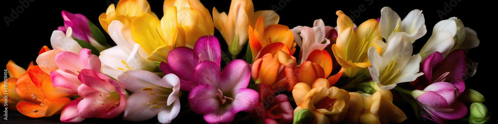 Beautiful Background Of Freesias. Panoramic Banner. Generative AI