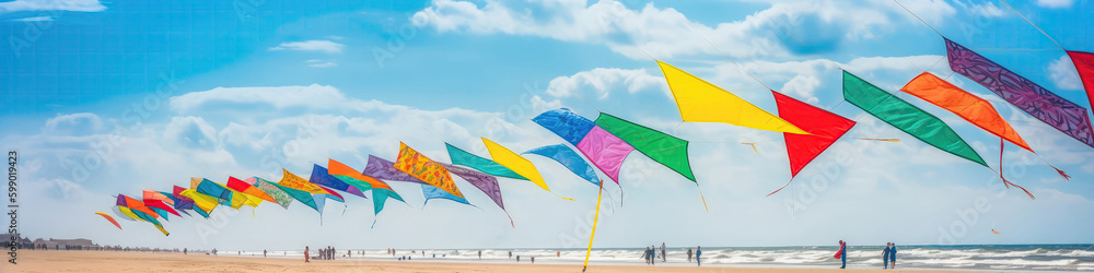 Colorful Kites Flying On Beach Summer Sky High Activity. Generative AI Colorful Kites Flying On Beach Summer Sky High Activity. Generative AI