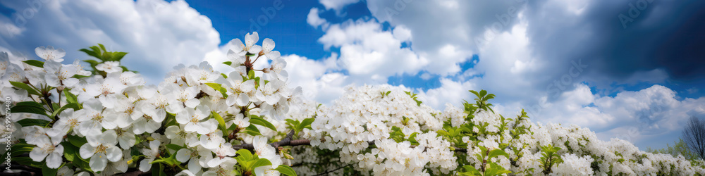 Blue Sky With White Clouds And Flowers Springtime Peaceful Sky. Generative AI