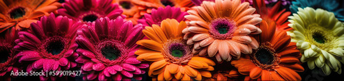 Beautiful Background Of Gerbera Daisies. Panoramic Banner. Generative AI