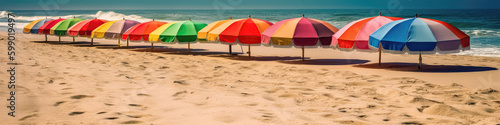 Colorful Beach Umbrellas On Sandy Shore Summer Coastal Scene. Panoramic Banner. Generative AI
