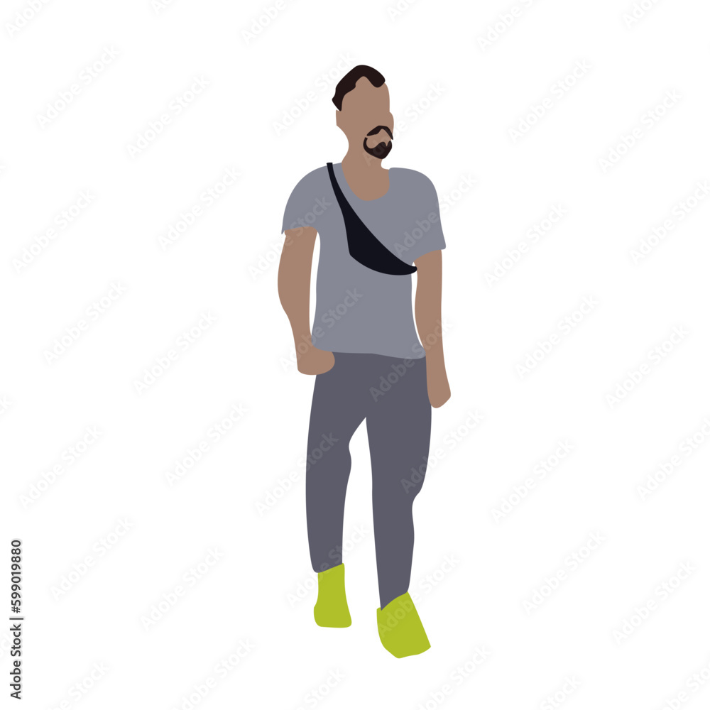 A man walks down the street in spring clothes. 2D image for use as an entourage. Vector flat city infographics. A man walks down the street in spring clothes. 2D image for use as an entourage. Vector flat city infographics.