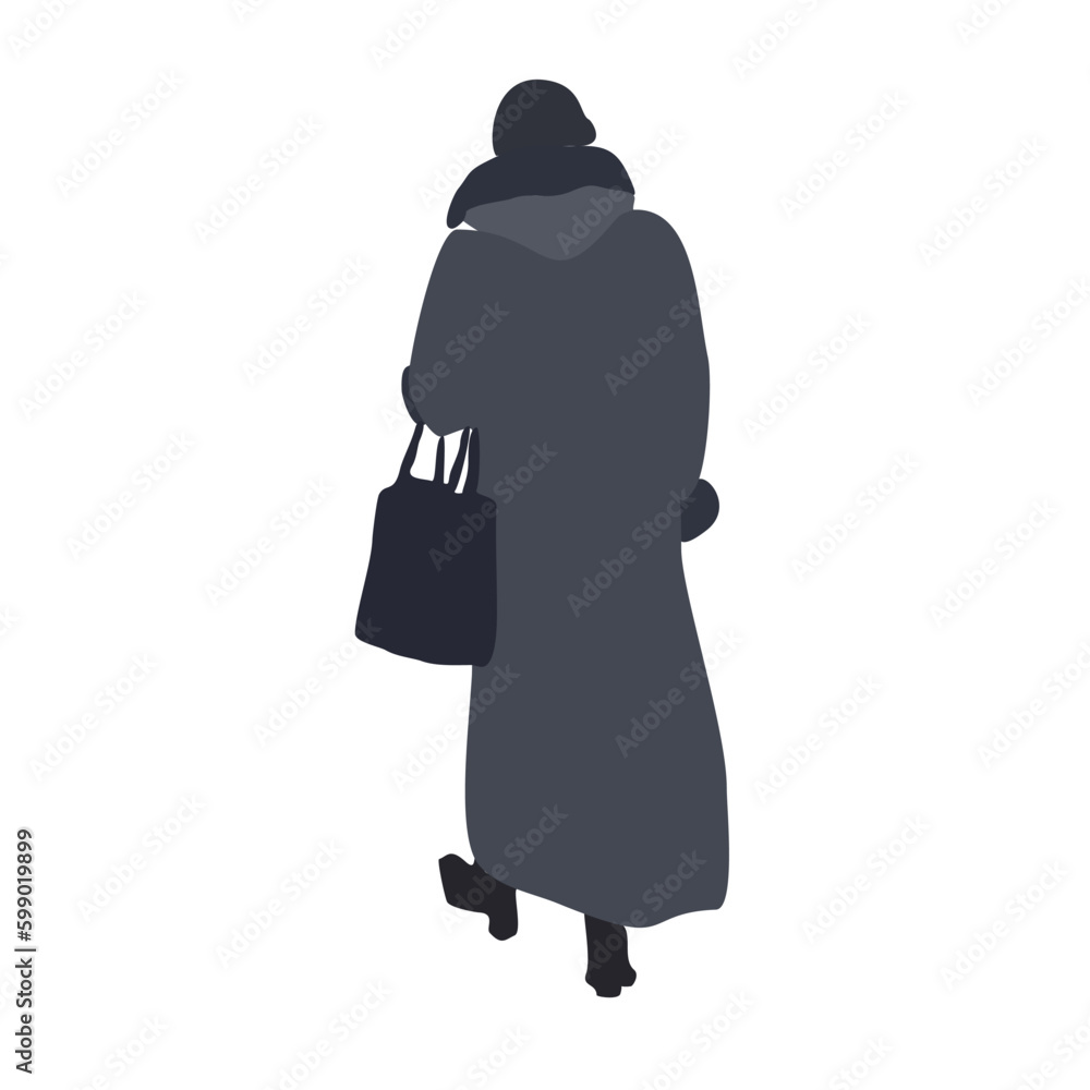 A woman walks down the street in spring clothes. 2D image for use as an entourage. Vector flat city infographics.