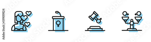 Set line Female rights, Love yourself, Debate podium rostrum and Gender equality icon. Vector