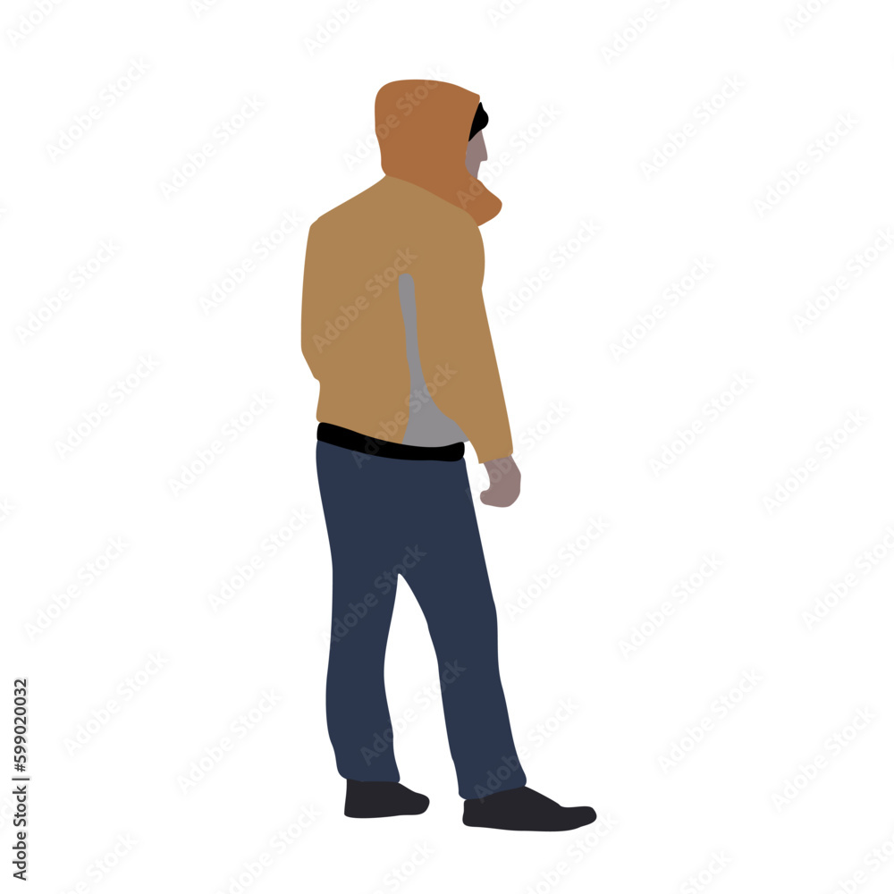A man walks down the street in winter clothes. 2D image for use as an entourage. Vector flat city infographics. A man walks down the street in winter clothes. 2D image for use as an entourage. Vector flat city infographics.
