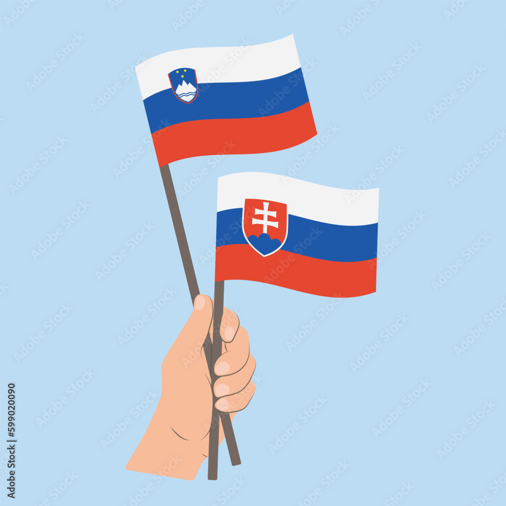 Flags of Slovenia and Slovakia, Hand Holding flags Flags of Slovenia and Slovakia, Hand Holding flags
