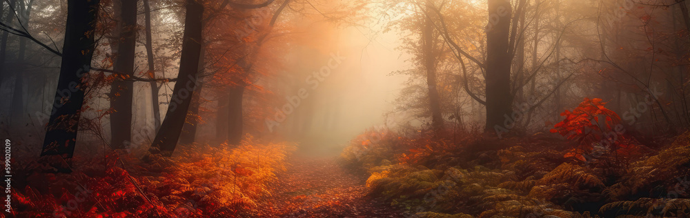 Hazy Sunrise In Forest With Red And Yellow Leaves Dreamy Autumnal Landscape. Panoramic Banner. Generative AI