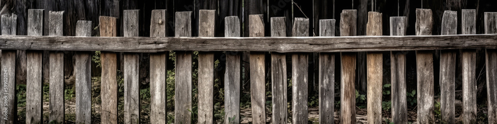 Natural Wooden Fence With Weathered Texture. Panoramic Banner. Generative AI Natural Wooden Fence With Weathered Texture. Panoramic Banner. Generative AI