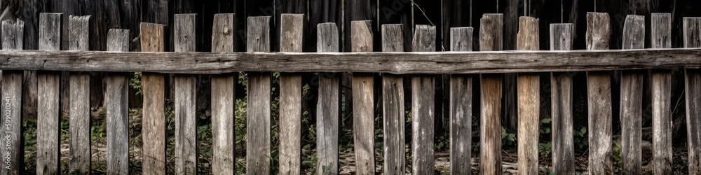 Natural Wooden Fence With Weathered Texture. Panoramic Banner. Generative AI