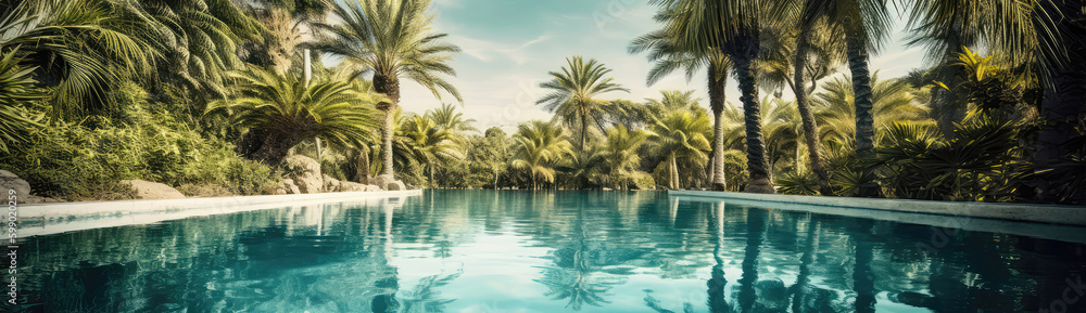 Scenic Pool With Blue Water And Palm Trees Summer Oasis. Panoramic Banner. Generative AI