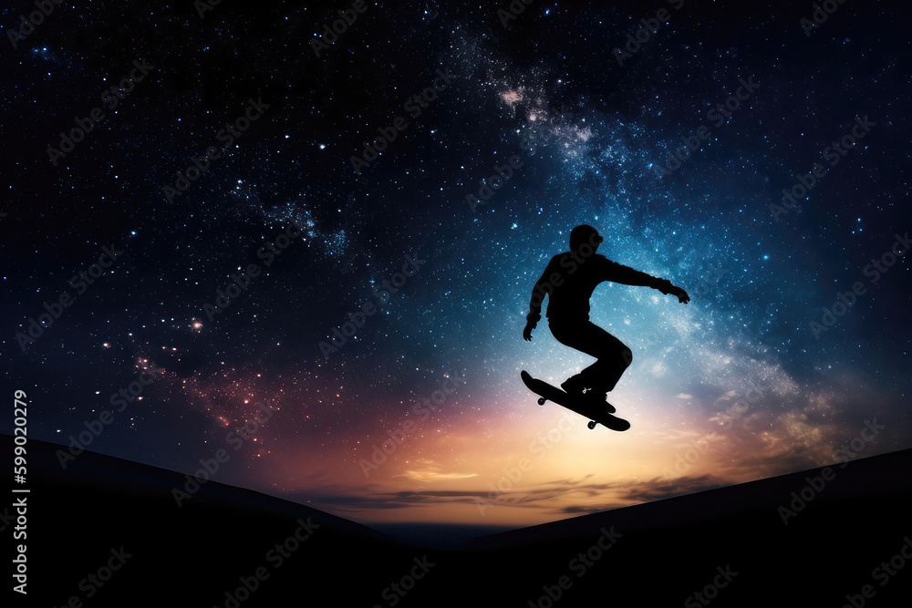 Skateboarders Silhouette In Flight Against Backdrop Of Space. Generative AI
