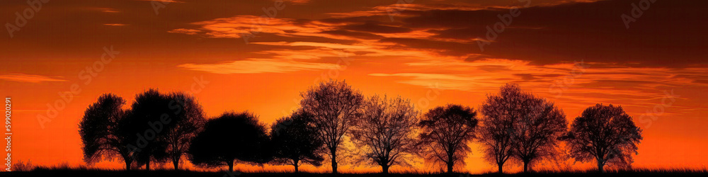 Warm Autumn Sunset With Silhouetted Trees Fiery Autumn Sky. Panoramic Banner. Generative AI