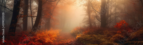 Hazy Sunrise In Forest With Red And Yellow Leaves Dreamy Autumnal Landscape. Panoramic Banner. Generative AI