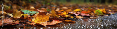 Rainy Day With Colorful Leaves On The Ground Wet Autumn Landscape. Panoramic Banner. Generative AI