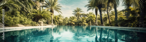 Scenic Pool With Blue Water And Palm Trees Summer Oasis. Panoramic Banner. Generative AI