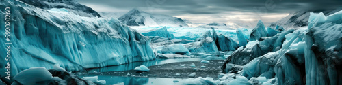 Icy Blue Glacier In The Winter Winter Glacier Landscape. Panoramic Banner. Generative AI