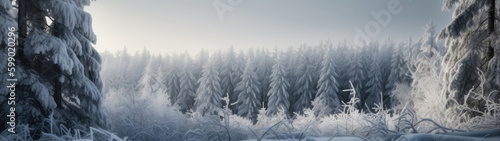 Snowy Forest With Frosted Pine Trees Winter Wonderland Scene. Panoramic Banner. Generative AI © Anastasiia