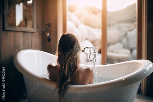 Back View of beautiful Woman Enjoying Bathtub Time - Generative Ai