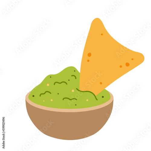 Nachos with guacamole. Traditional Mexican food. Corn tortilla chips and avocado sauce. Hand-drawn colored flat vector illustration isolated on white background.