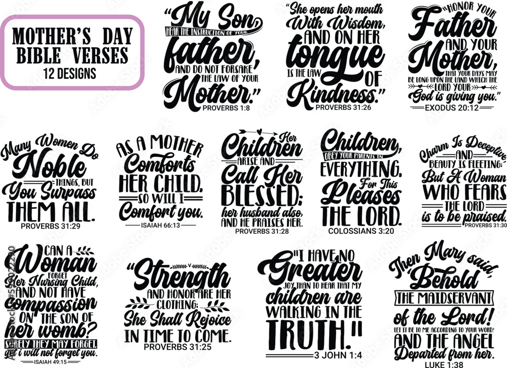 Fototapeta premium Mother's Day Bible Verse, mother quote, mom day, wise mother, love quote, black and white, typography, calligraphy, old testament quotes, vintage design